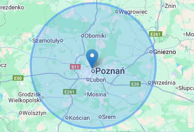 Mapa obszaru usług hydraulicznych – Poznań, Śrem, Gniezno, Września, Środa Wielkopolska